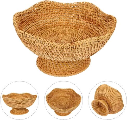 Cabilock 9.8 Inch Natural Rattan Fruit Basket Footed Woven Pedestal Bowl for Kitchen Counter Bread and Fruit Display in Saudi Arabia