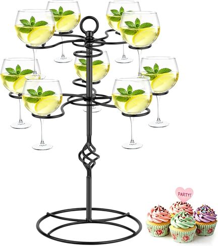 QPIX DIGITAL Wine Glass Rack 2 Tier 10 Holders Wine Glasses Stand, Black Champagne Tower Stand Countertop Tabletop Stemware Rack for Home and Bar Storage,Wine Glass Display Easy Assembly in Kuwait