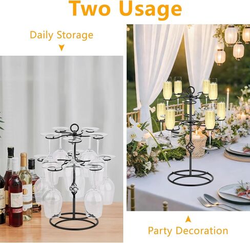QPIX DIGITAL Wine Glass Rack 2 Tier 10 Holders Wine Glasses Stand, Black Champagne Tower Stand Countertop Tabletop Stemware Rack for Home and Bar Storage,Wine Glass Display Easy Assembly in Kuwait