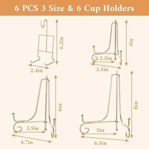 6 Pcs 3 Size Gold Plate Stands for Display, 4 6 8 Inch Plate Holder & 6Cup and Saucer Display Stand for Displaying Picture Frames, Book, Card, Mug Organizer, Bowl, Decorative Plates, Tablet and Art in Saudi Arabia