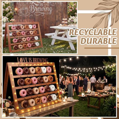 SiliFine Love Is Brewing لوازم حفلات الزفاف وحفلات الدونات على الحائط حامل ديكور ريفي لأحداث الحفلات وأعياد الميلاد وحفلات الزفاف يحمل 48 دونات مع علامة عرض خشبية in Saudi Arabia