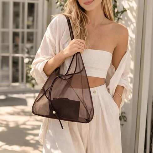 Beach Purse Sheer Mesh Hobo Tote Bag with Small Pouch Soft Leather Trim Women's Summer Vacation Shoulder Handbag in Saudi Arabia