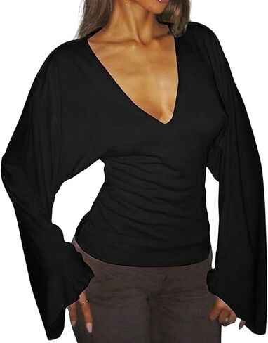Black V-Neck Flare Long Sleeve Top M in Saudi Arabia