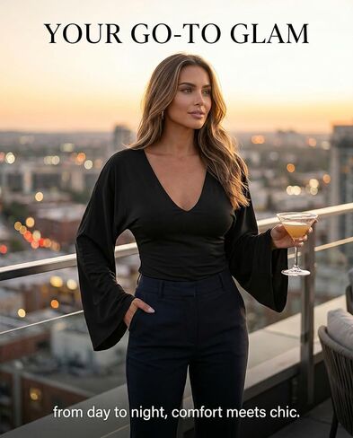 Black V-Neck Flare Long Sleeve Top M in Saudi Arabia