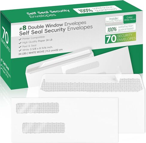 #8 Double Window Security Check Envelopes,500 Counts Double Window Self Seal Security Envelopes,No.8 Double Window Bussiness Envelopes Designed for Checks/Tax Form/Invoices/Business Correspondence in Saudi Arabia
