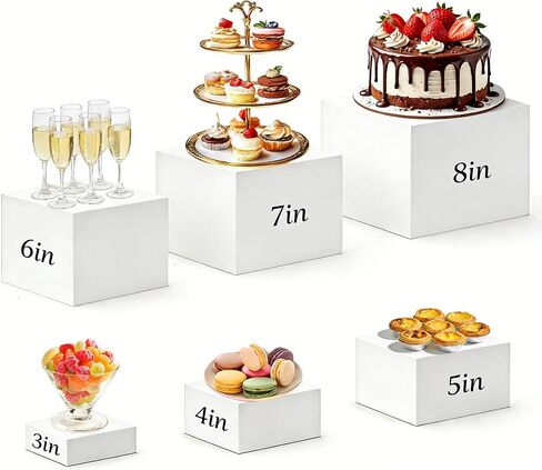 6 PCS Buffet Risers, Food Display Risers for Party, White Acrylic Risers Display Stand for Buffet Table, Catering Displays for Dessert, Jewelry Collectibles, Cube Box Nesting Riser with Hollow Bottoms(8" 7" 6" 5" 4" 3") in Saudi Arabia