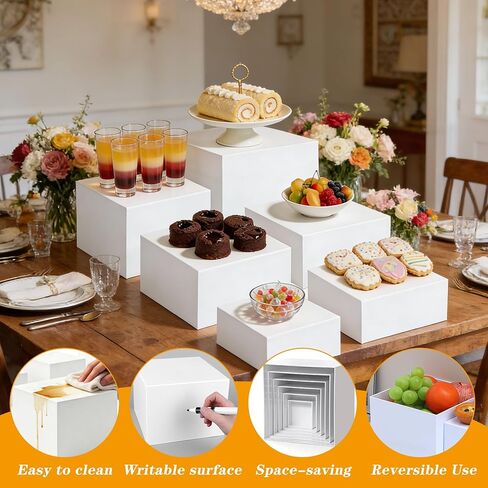 6 PCS Buffet Risers, Food Display Risers for Party, White Acrylic Risers Display Stand for Buffet Table, Catering Displays for Dessert, Jewelry Collectibles, Cube Box Nesting Riser with Hollow Bottoms(8" 7" 6" 5" 4" 3") in Saudi Arabia