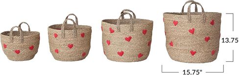 Creative Co-Op 4-Piece Hand-Woven Seagrass Baskets with Embroidered Hearts and Handles, Natural and Red Finish in Saudi Arabia