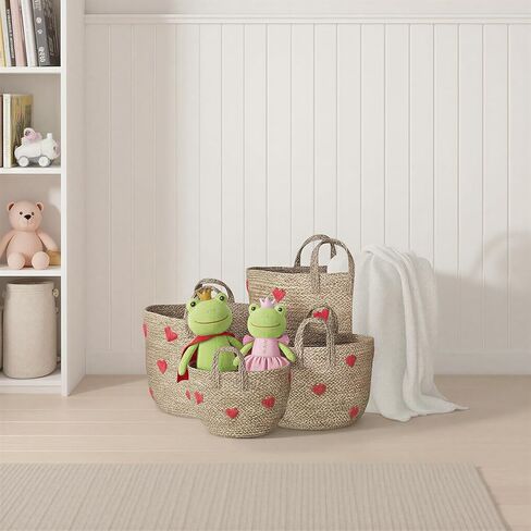 Creative Co-Op 4-Piece Hand-Woven Seagrass Baskets with Embroidered Hearts and Handles, Natural and Red Finish in Saudi Arabia
