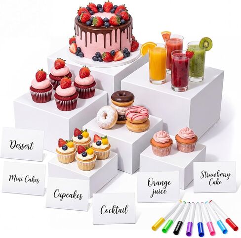 Yinder 6 Pcs White Paper Buffet Risers with Mini Table Sign and Marker Food Nesting Risers for Buffet Table Display Stand Shelf for Party Catering Dessert Jewelry ( 8", 7", 6", 5", 4", 4") in Saudi Arabia
