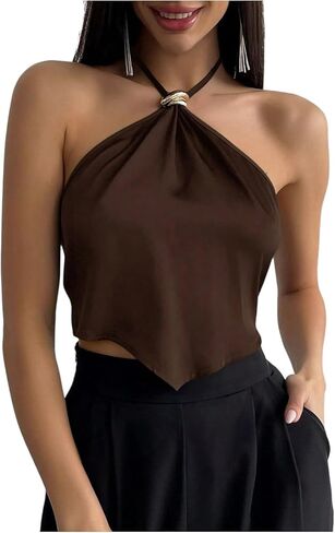 Floerns Women's Going Out Satin Halter Tops Tie Open Back Asymmetrical Party Rave Crop Silk Top in Saudi Arabia