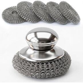 5 Pcs Steel Wool Scrubber with Handle: Stainless Steel Scrub Set for Cast Iron Scouring Stubborn Messes from Cast Iron, Pots, Pans, Grill, Stoves, Sink (1 Scrubber + 5 Pads) in Saudi Arabia
