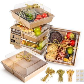 Gift-Ready Charcuterie Boxes with Clear Lids, Cake Slice Container, Bakery packaging, Food Gift Containers, Small Treat, 5"Dessert Boxes with Ready to use Ribbon and Bamboo Skewers-50 Count-BROWN in Saudi Arabia