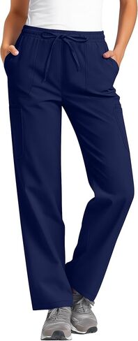 بنطال نسائي ذو أرجل مستقيمة، ملابس عمل بخصر مطاطي، مع جيوب جانبية ورباط in Kuwait