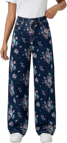 Sidefeel Jeans for Women Wide Leg High Waist Baggy Boyfriends Straight Leg Stretchy Floral Print Denim Pants in Saudi Arabia