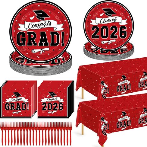 QZYL 122 Pcs Graduation Decorations 2026 Kit, Disposable Class of 2026 Graduation Decor Serves 30, Red Grad Plates and Napkins Forks Tablecloth Congrats Grad Paper Dinnerware for Party Decorations in Saudi Arabia