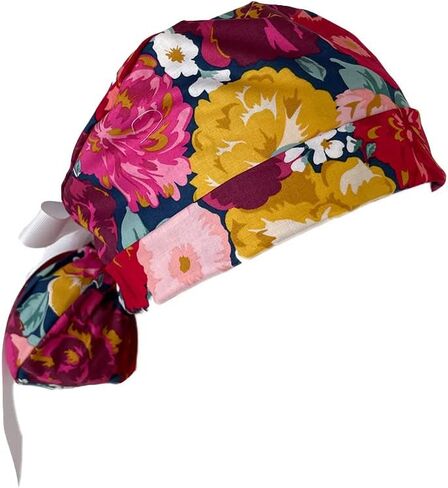 Turn Up Ponytail Medical Scrub Cap – Bold Packed Floral Print. - Ponytail Scrub Hats, Bouffant, Unisex Caps, Dr. Hats, Nurses Hats. Scrub Hat for Women & Men tie Back | Working Cap with Holder in Saudi Arabia