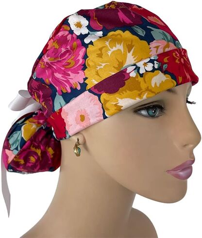 Turn Up Ponytail Medical Scrub Cap – Bold Packed Floral Print. - Ponytail Scrub Hats, Bouffant, Unisex Caps, Dr. Hats, Nurses Hats. Scrub Hat for Women & Men tie Back | Working Cap with Holder in Saudi Arabia