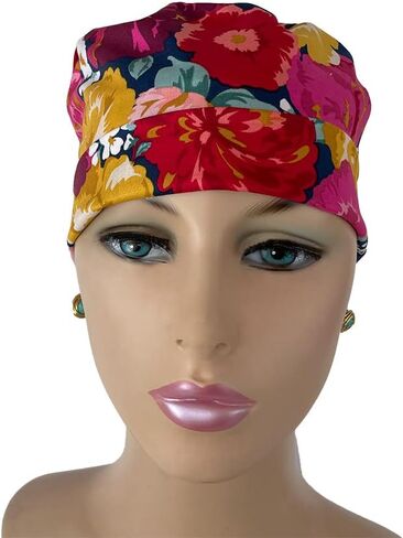 Turn Up Ponytail Medical Scrub Cap – Bold Packed Floral Print. - Ponytail Scrub Hats, Bouffant, Unisex Caps, Dr. Hats, Nurses Hats. Scrub Hat for Women & Men tie Back | Working Cap with Holder in Saudi Arabia