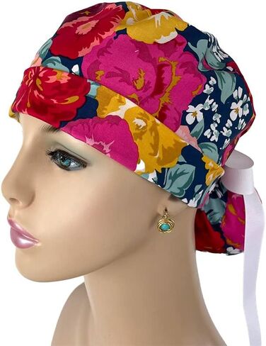 Turn Up Ponytail Medical Scrub Cap – Bold Packed Floral Print. - Ponytail Scrub Hats, Bouffant, Unisex Caps, Dr. Hats, Nurses Hats. Scrub Hat for Women & Men tie Back | Working Cap with Holder in Saudi Arabia