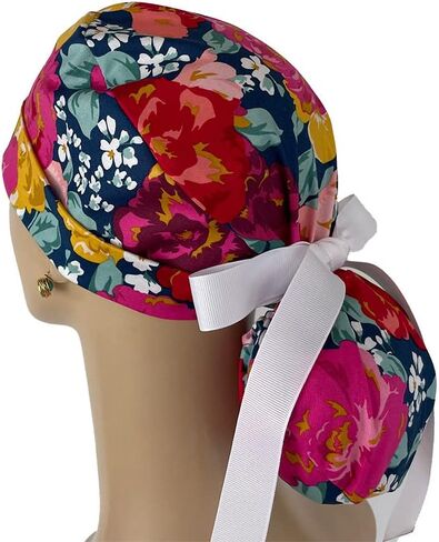 Turn Up Ponytail Medical Scrub Cap – Bold Packed Floral Print. - Ponytail Scrub Hats, Bouffant, Unisex Caps, Dr. Hats, Nurses Hats. Scrub Hat for Women & Men tie Back | Working Cap with Holder in Saudi Arabia