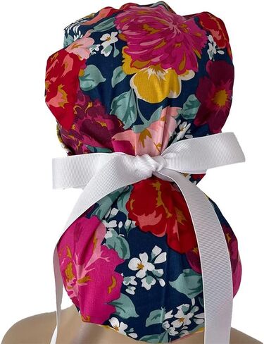 Turn Up Ponytail Medical Scrub Cap – Bold Packed Floral Print. - Ponytail Scrub Hats, Bouffant, Unisex Caps, Dr. Hats, Nurses Hats. Scrub Hat for Women & Men tie Back | Working Cap with Holder in Saudi Arabia