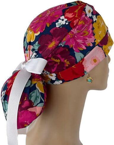 Turn Up Ponytail Medical Scrub Cap – Bold Packed Floral Print. - Ponytail Scrub Hats, Bouffant, Unisex Caps, Dr. Hats, Nurses Hats. Scrub Hat for Women & Men tie Back | Working Cap with Holder in Saudi Arabia