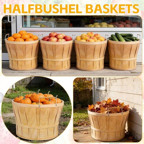 5 Pack Jumbo Half Bushel Baskets 14 x 9.5 Inch, Large Natural Wooden Harvest Apple Baskets with Handles for Harvest Fruit Plants, Farmers Market, Produce, and Home Storage Use in Saudi Arabia
