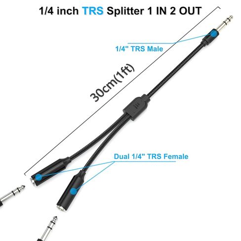 كابل 1/4 بوصة TRS Splitter Y بطول 1 قدم، 6.35 مم ستيريو ذكر إلى أنثى TRS مزدوجة، محول 1 في 2 للخلاط، واجهة الصوت، لوحة المفاتيح، مكبر الصوت/مضخم الصوت، سماعة الرأس، مكبر الصوت/الشاشة، المسجل، المركب، البيانو in Kuwait