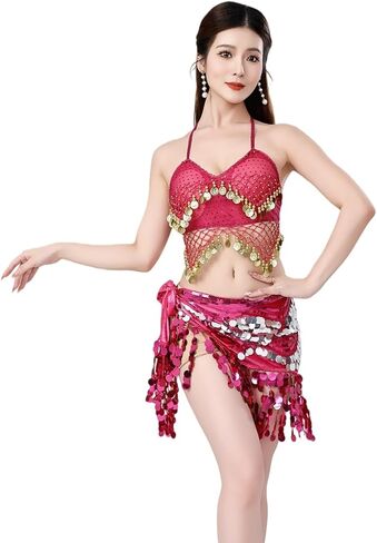 Belly Dance Costume Set, Hip Scarf w/Crop Top, Sequin Fringe Bra & Skirt Outfit for Stage Performance in Saudi Arabia