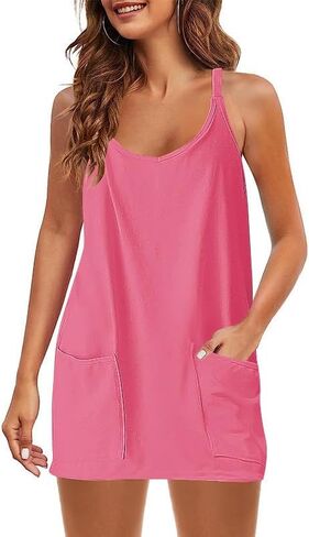 Women's Pink Sleeveless Tank Dress, Loose-Fit Pocket Shift Dress, Casual Activewear Sundress in Saudi Arabia