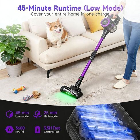 مكنسة كهربائية لاسلكية، مكانس كهربائية قابلة للانحناء بزاوية 180 درجة للمنزل مع ضوء LED أخضر | قائم بذاته، كوب غبار سعة 1.5 لتر، فلتر HEPA قابل للغسل | مكنسة كهربائية خفيفة الوزن للأرضيات الصلبة in Kuwait