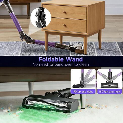 مكنسة كهربائية لاسلكية، مكانس كهربائية قابلة للانحناء بزاوية 180 درجة للمنزل مع ضوء LED أخضر | قائم بذاته، كوب غبار سعة 1.5 لتر، فلتر HEPA قابل للغسل | مكنسة كهربائية خفيفة الوزن للأرضيات الصلبة in Kuwait