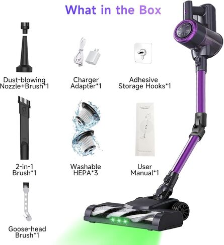 مكنسة كهربائية لاسلكية، مكانس كهربائية قابلة للانحناء بزاوية 180 درجة للمنزل مع ضوء LED أخضر | قائم بذاته، كوب غبار سعة 1.5 لتر، فلتر HEPA قابل للغسل | مكنسة كهربائية خفيفة الوزن للأرضيات الصلبة in Kuwait