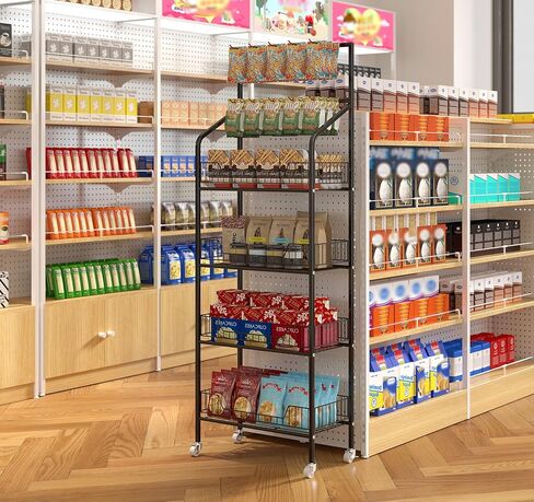 tonchean 4 Tier Retail Snack Rack Display Stand, Retail Candy Chip Vendor Display Shelves, Black Metal Snack Display Rack Shelf with Wheels, Candy Snack Organizer Cart Concession Stand Display in Saudi Arabia