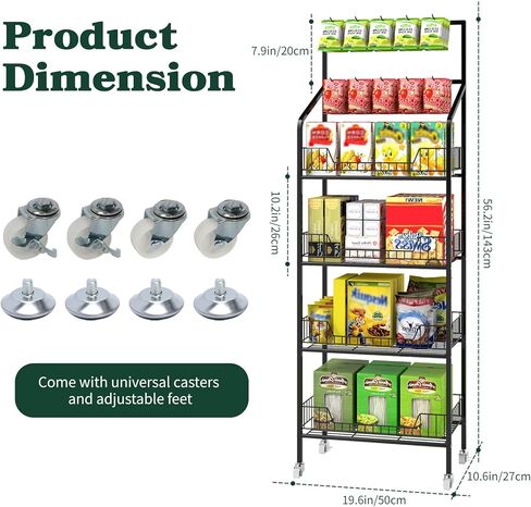 tonchean 4 Tier Retail Snack Rack Display Stand, Retail Candy Chip Vendor Display Shelves, Black Metal Snack Display Rack Shelf with Wheels, Candy Snack Organizer Cart Concession Stand Display in Saudi Arabia