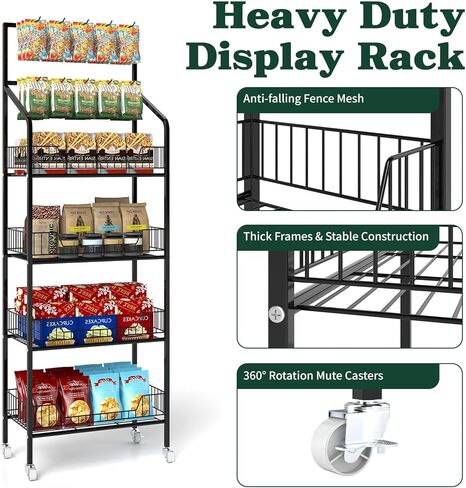 tonchean 4 Tier Retail Snack Rack Display Stand, Retail Candy Chip Vendor Display Shelves, Black Metal Snack Display Rack Shelf with Wheels, Candy Snack Organizer Cart Concession Stand Display in Saudi Arabia