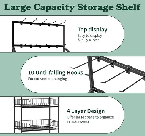 tonchean 4 Tier Retail Snack Rack Display Stand, Retail Candy Chip Vendor Display Shelves, Black Metal Snack Display Rack Shelf with Wheels, Candy Snack Organizer Cart Concession Stand Display in Saudi Arabia