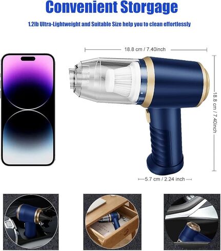 مكنسة كهربائية للسيارة لاسلكية، مكنسة كهربائية صغيرة محمولة بقوة 120 وات مع شفط قوي بقوة 12000 باسكال، منفاخ هواء مضغوط كهربائي للسيارة والمكتب ولوحة المفاتيح والمنزل in Kuwait