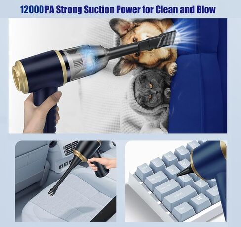 مكنسة كهربائية للسيارة لاسلكية، مكنسة كهربائية صغيرة محمولة بقوة 120 وات مع شفط قوي بقوة 12000 باسكال، منفاخ هواء مضغوط كهربائي للسيارة والمكتب ولوحة المفاتيح والمنزل in Kuwait
