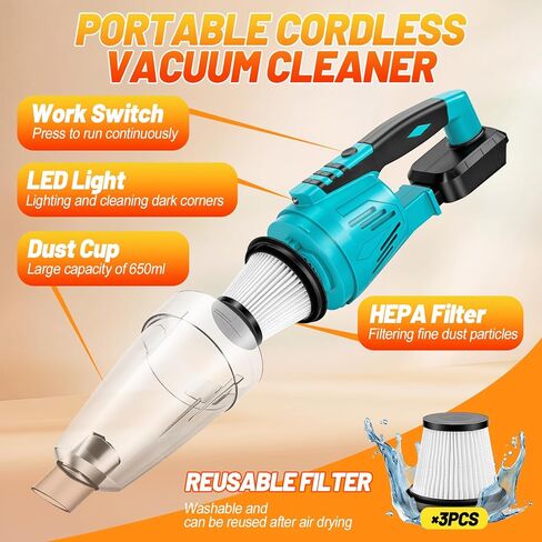 مكنسة كهربائية لاسلكية متوافقة مع بطارية ماكيتا 18 فولت (الأداة فقط)، مكنسة كهربائية محمولة 36 CFM للمنزل والسيارة وشعر الحيوانات الأليفة، مع فوهات 4 في 1 و3 فلتر HEPA، بدون بطارية in Kuwait