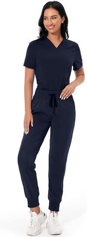 Scrub Set for Women Classic V-neck Scrub Top & Jogger Scrub Pants Athletic Nurse Scrub Set with 7 Pockets (Regular, Dark Navy, Medium) in Saudi Arabia