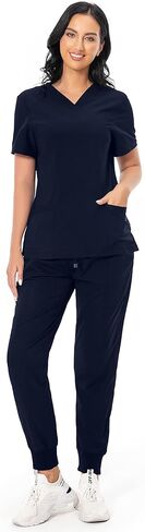 Scrub Set for Women Classic V-neck Scrub Top & Jogger Scrub Pants Athletic Nurse Scrub Set with 7 Pockets (Regular, Dark Navy, Medium) in Saudi Arabia