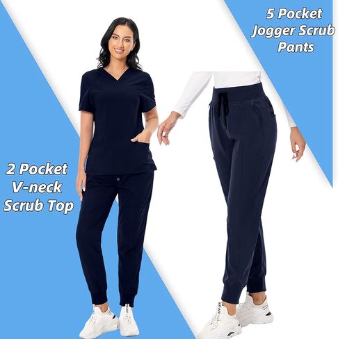 Scrub Set for Women Classic V-neck Scrub Top & Jogger Scrub Pants Athletic Nurse Scrub Set with 7 Pockets (Regular, Dark Navy, Medium) in Saudi Arabia