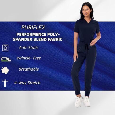 Scrub Set for Women Classic V-neck Scrub Top & Jogger Scrub Pants Athletic Nurse Scrub Set with 7 Pockets (Regular, Dark Navy, Medium) in Saudi Arabia