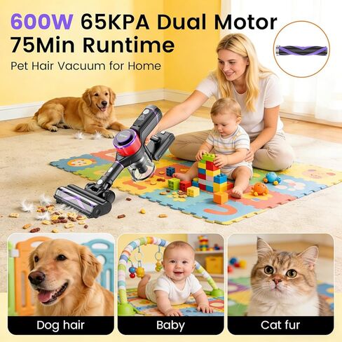 Cordless Vacuum Cleaner,75Min Runtime,600W 65KPA Dual Motor Pet Hair Vacuum for Home with AI Auto Suction,Stick Vacuums with Self-Standing Design,for Carpet,Hardwood Floors,Valentine's Day Gift Ideas in Saudi Arabia