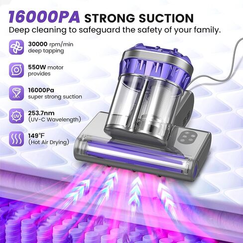 Mattress Vacuum Cleaner, Handheld Bed Vacuum Cleaner with 16Kpa Suction, 253.7nm UV-C Light, 149℉ Hot Air, Double-Cup Handheld Vacuums for Bed, Sofa, Couch, Crib (Corded, 550W) in Saudi Arabia