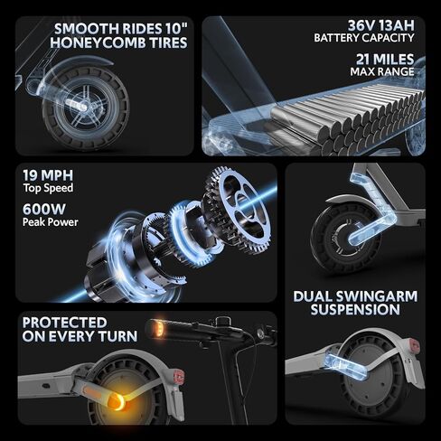 Electric Scooter for Adults with Double Swing-Arm Suspension, 600W Motor & 21-Mile Range - 10" Tires & Full 360° Lights in Saudi Arabia