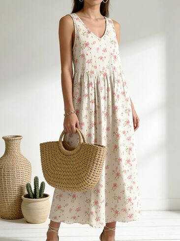 Women's V Neck Summer Printed Sleeveless Dress Party Club Casual Office Dresses in Saudi Arabia