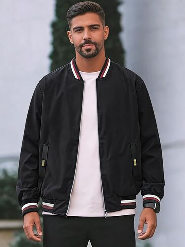 Men's Lightweight Sporty Baseball Jacket, Casual Streetwear Windbreaker, Machine Washable Urban Outerwear Black in Saudi Arabia